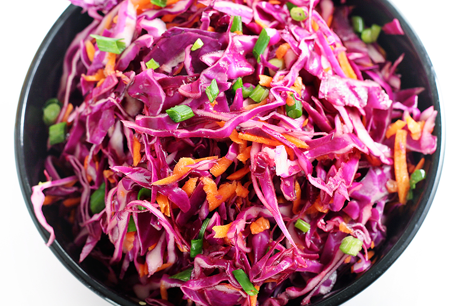 shot of a red cabbage slaw up close